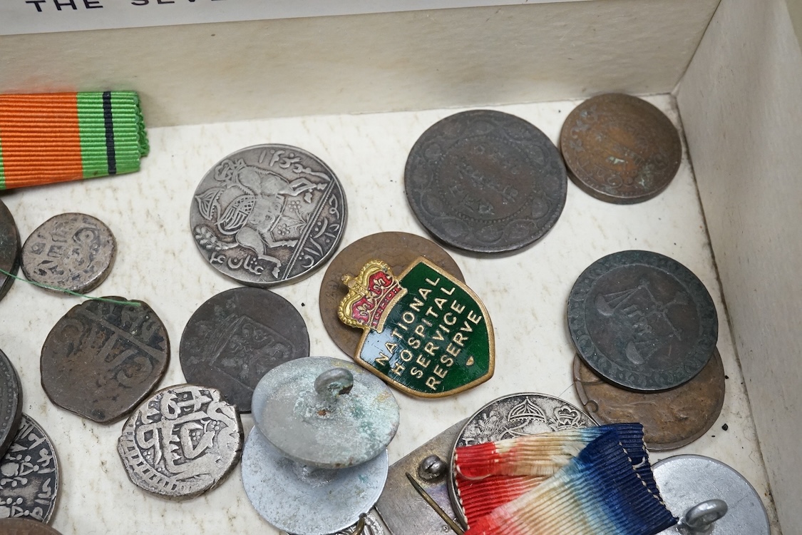 A First World War medal trio to Crl. J.E. Shelton R.E., together with a WWII 1939 to 1945 star, a British Red Cross long service medal, plus a few mainly Far Eastern and Indian coins, etc.